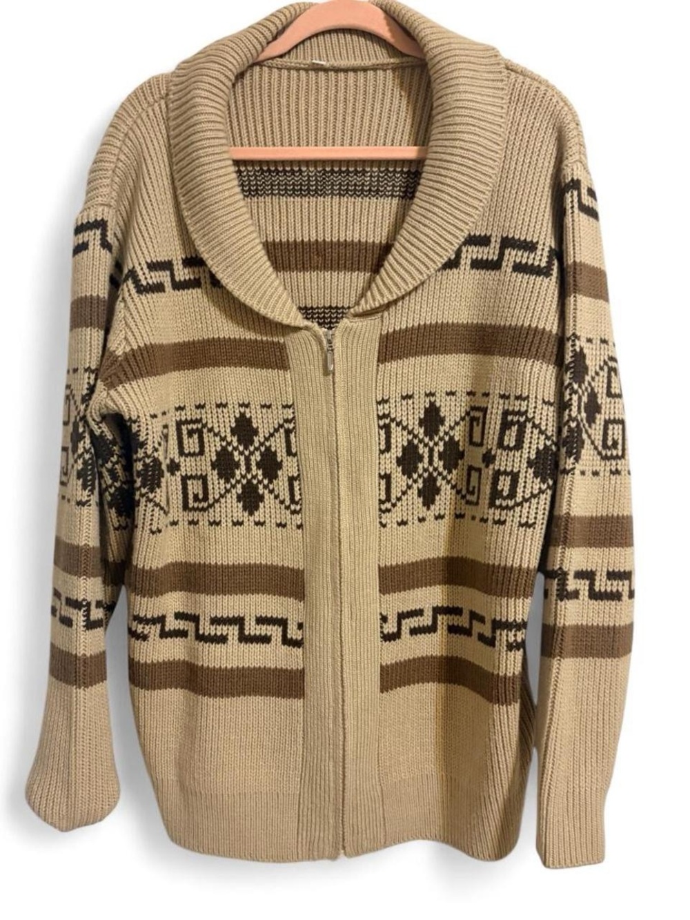 Source Unknown Beige and Brown Shawl Collar Zip Cardigan Sweater